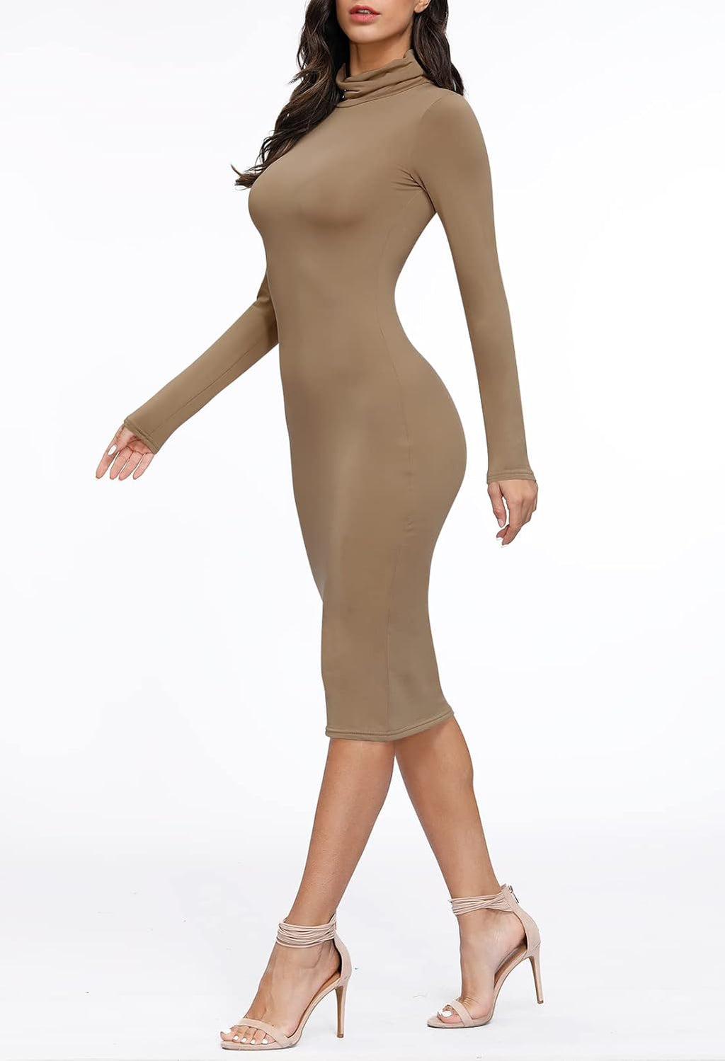 Womens Sexy Fall Knit Dress High Neck Long Sleeve Bodycon Midi Winter Dresses