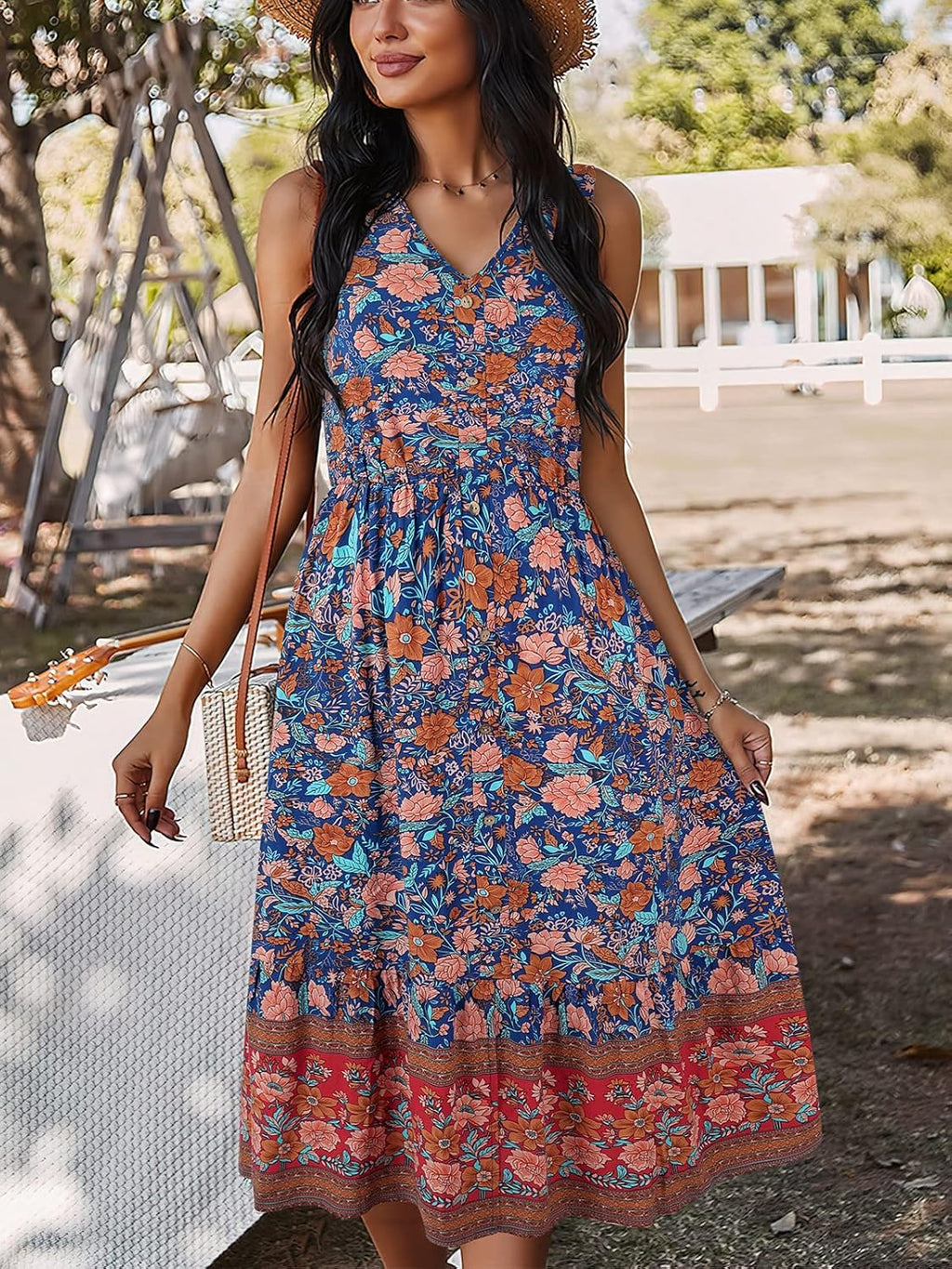 Women Dress Summer Sleeveless Bohemian: Floral V Neck Button down Flowy Boho Dresses S-XL